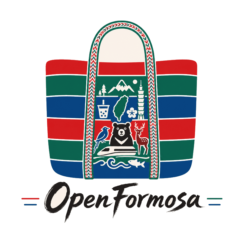 OpenFormosa logo, a Taiwanese woven market bag carrying Taiwan cultural icons and endemic animals
